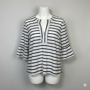 Women’s Mud Pie Flutter Sleeve White & Navy Striped Flowy Shirt Size Large *Read